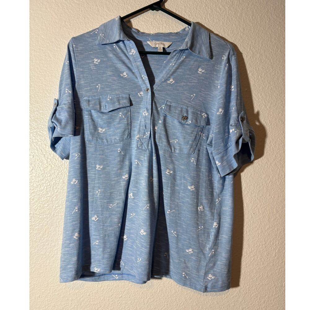 Coral Bay Womens Size M Light Blue Golf Cart Clubs Print Short Sleeve Polo Shirt